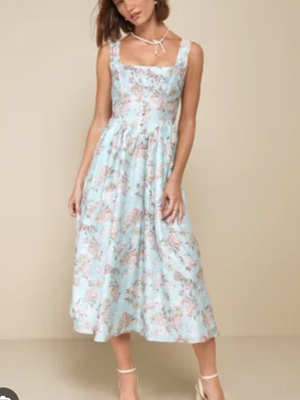 Lulu's Light Blue Floral Square-Neck Midi Dress Sz.XS NWT